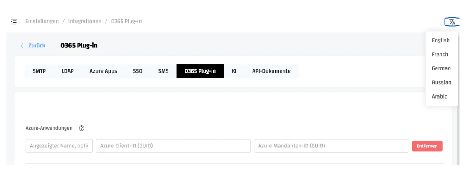 Screenshot: O365 plug-in settings with the language menu open top right (English, French, German, Russian, Arabic)