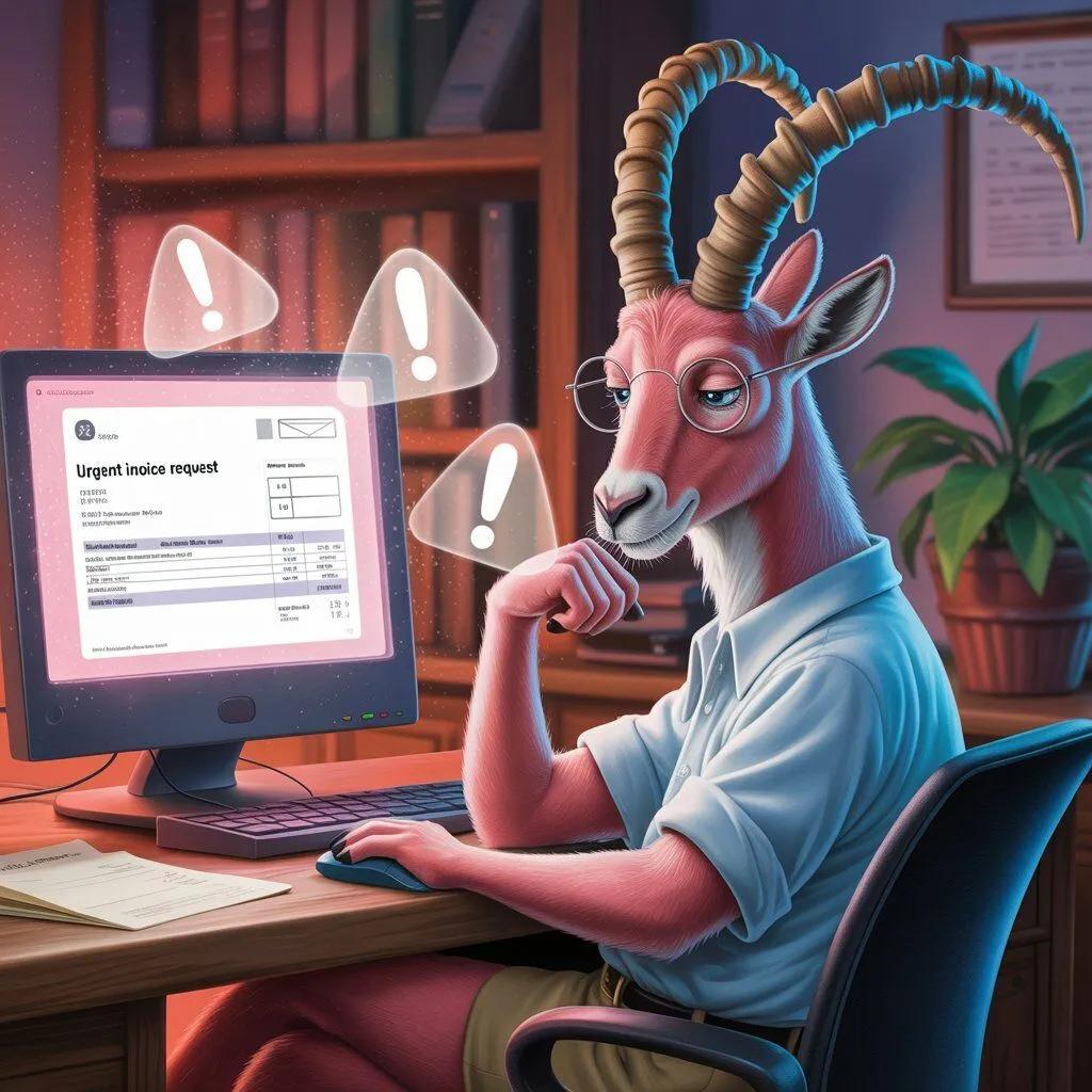 Illustration: a pink ibex in glasses hesitates over an urgent invoice request on screen, surrounded by warning signs