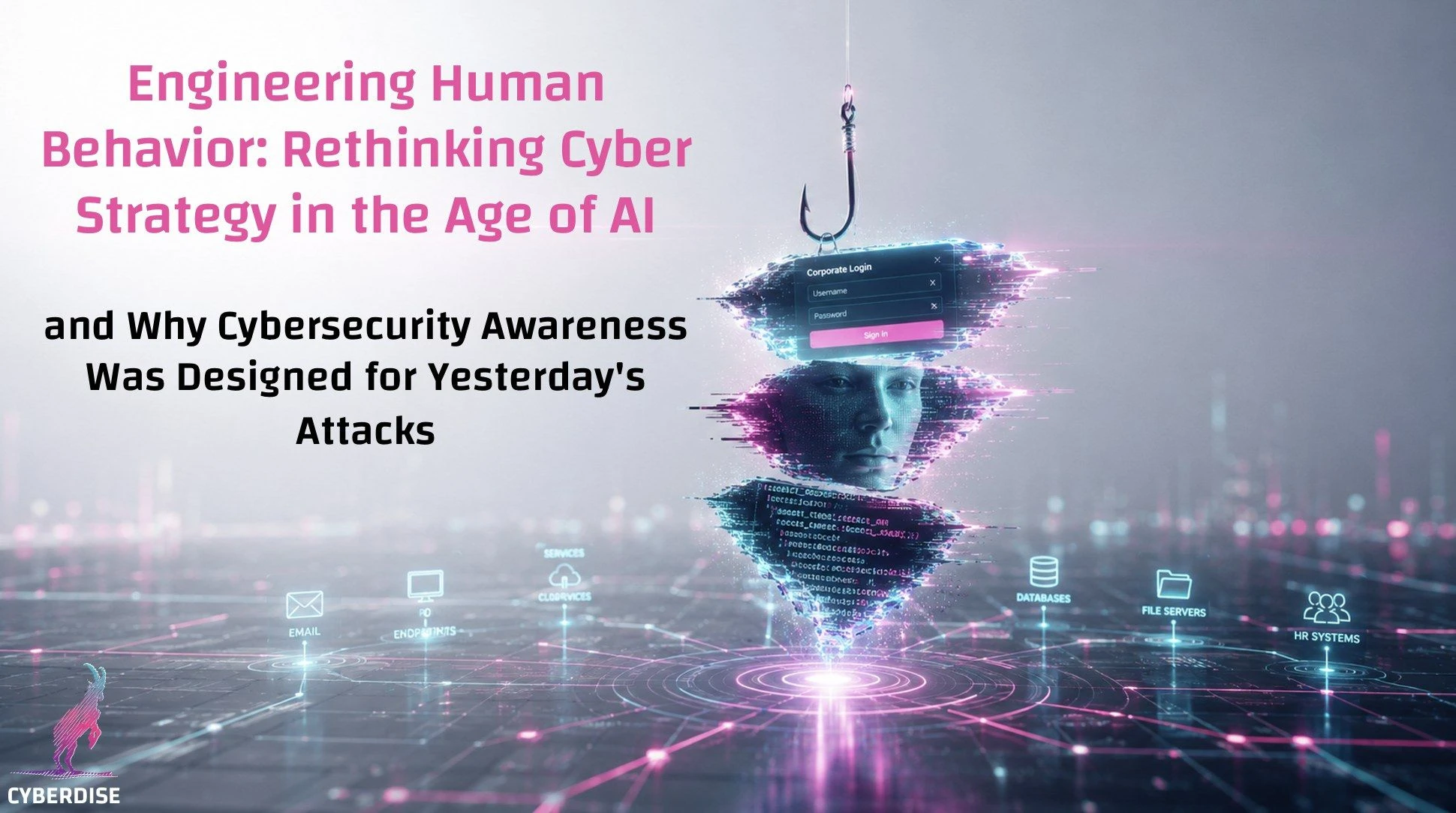 Titelgrafik: «Engineering Human Behavior: Rethinking Cyber Strategy in the Age of AI», Angelhaken mit Login-Maske und Gesicht