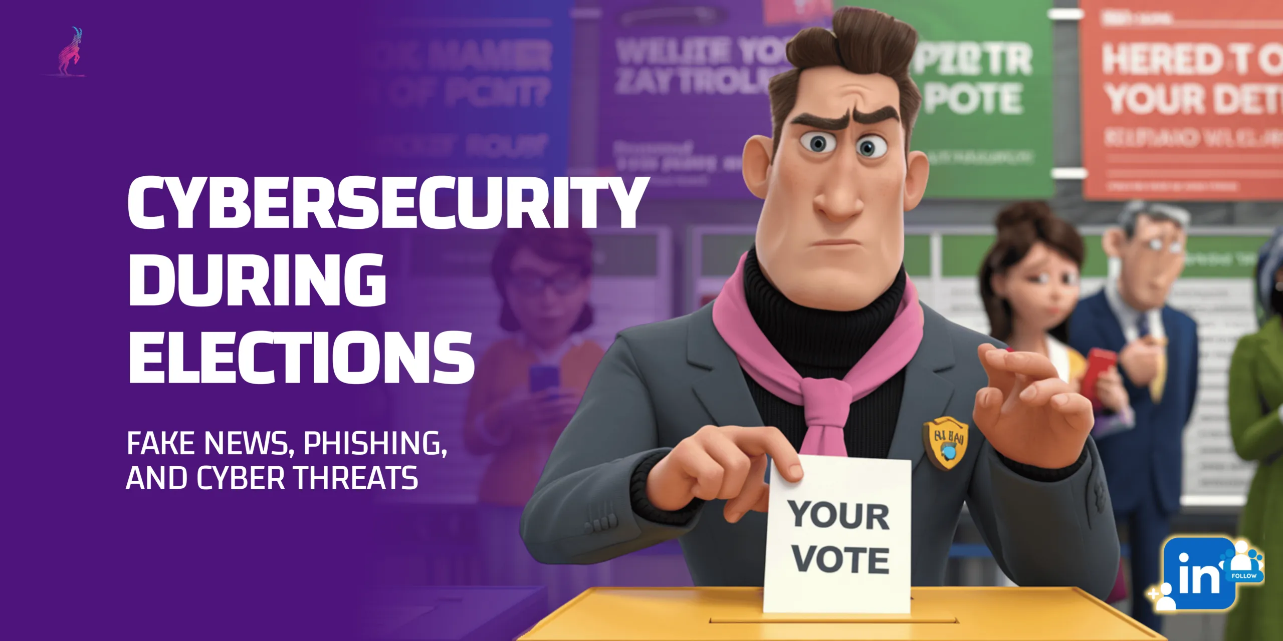 Titelgrafik: «Cybersecurity during Elections – Fake News, Phishing, and Cyber Threats», Comicfigur wirft Stimmzettel ein