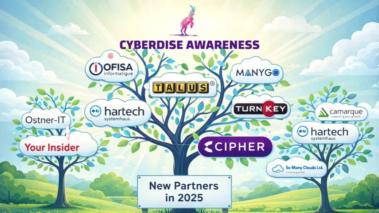 Graphic "New Partners in 2025": trees under the Cyberdise Awareness logo with partner logos such as OFISA, Talus and Cipher