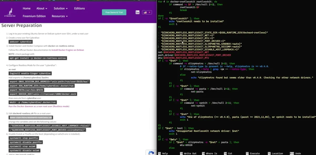 Screenshot: Installationsanleitung «Server Preparation» neben einem Terminal, das dockerd-rootless.sh bearbeitet