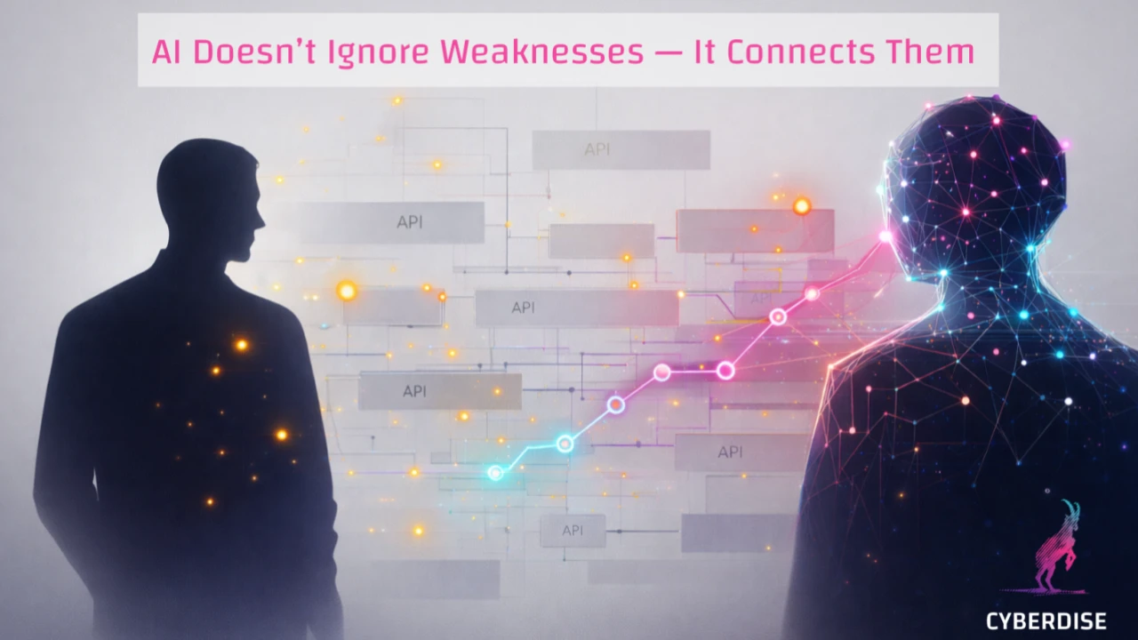 Graphic "AI Doesn't Ignore Weaknesses – It Connects Them": a man and an AI figure linked by a path through APIs