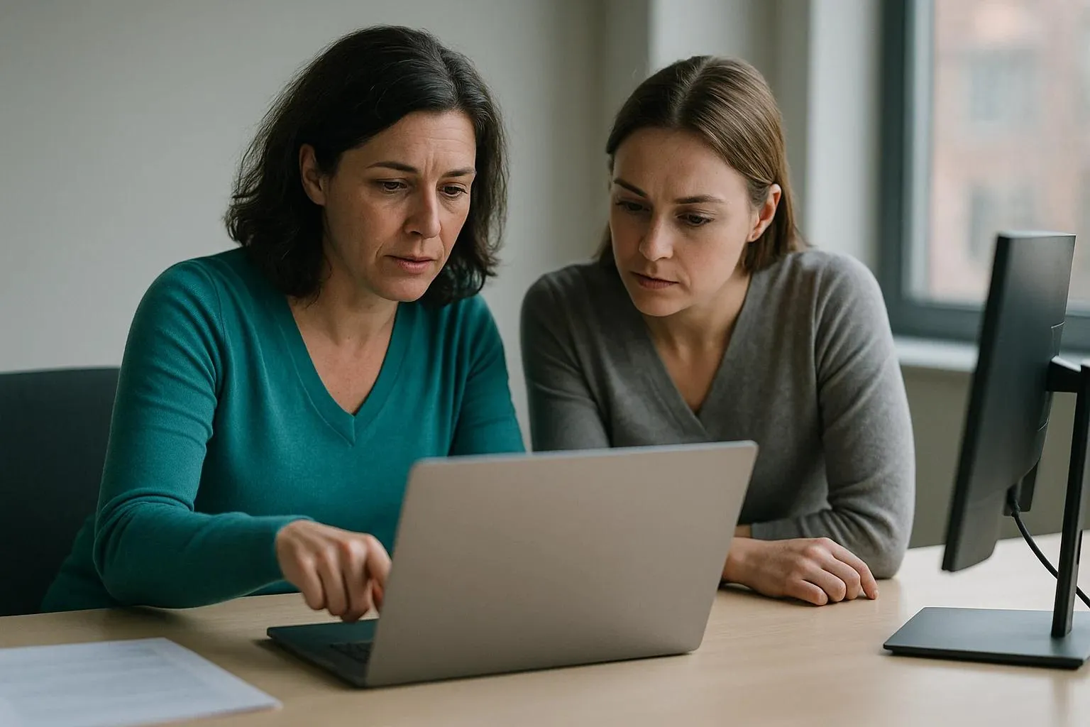 Eine IT-Managerin zeigt einer neben ihr sitzenden HR-Kollegin auf einem Laptop eine Richtlinienseite