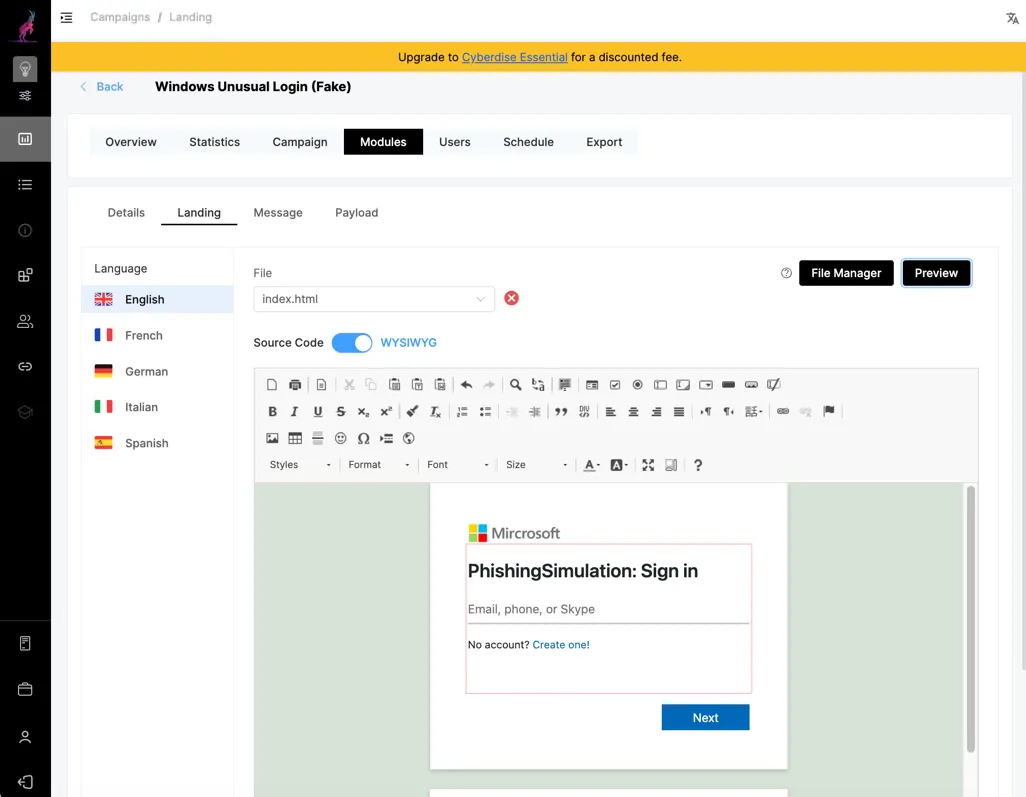 Screenshot: landing page editor of the "Windows Unusual Login (Fake)" campaign with a mock Microsoft sign-in page