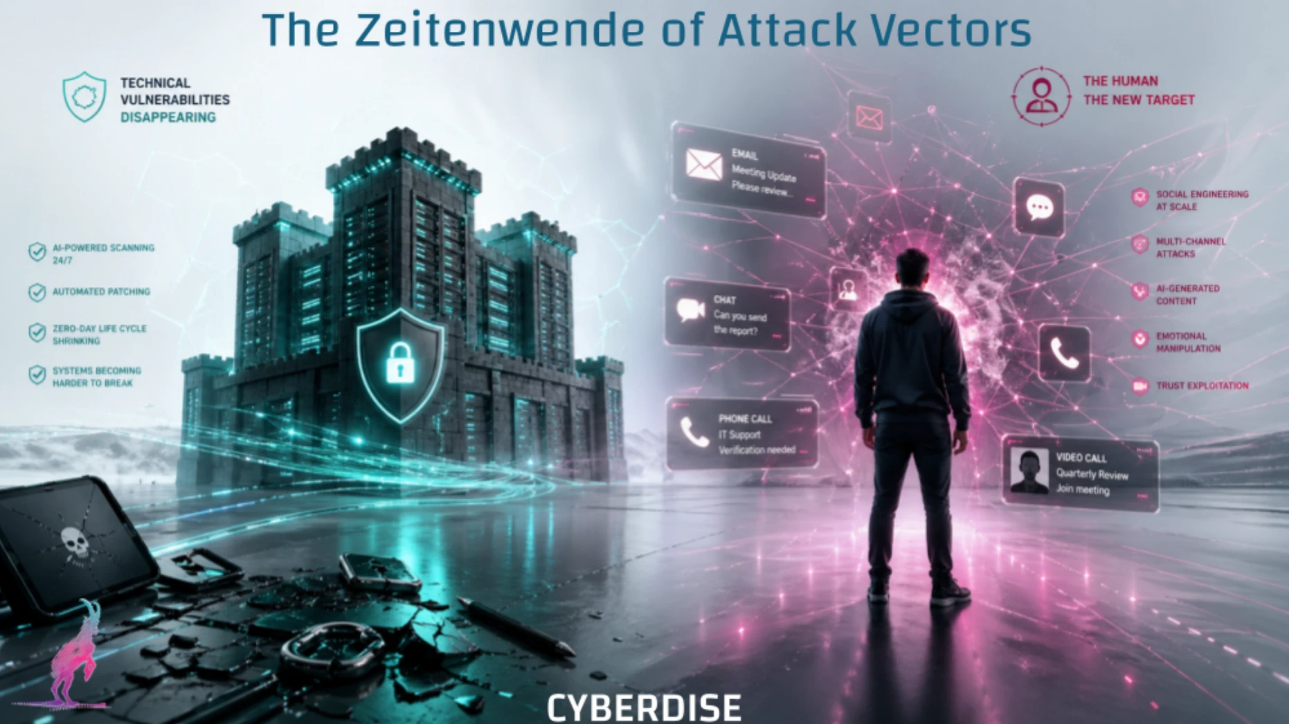 Titelgrafik «The Zeitenwende of Attack Vectors»: links eine gesicherte Festung für verschwindende technische Schwachstellen, rechts ein Mann inmitten von E-Mail-, Chat-, Telefon- und Videocall-Nachrichten als neues Ziel