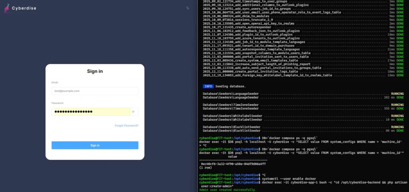 Screenshot: Cyberdise sign-in page beside a terminal where the installation seeds the database and creates the admin user.
