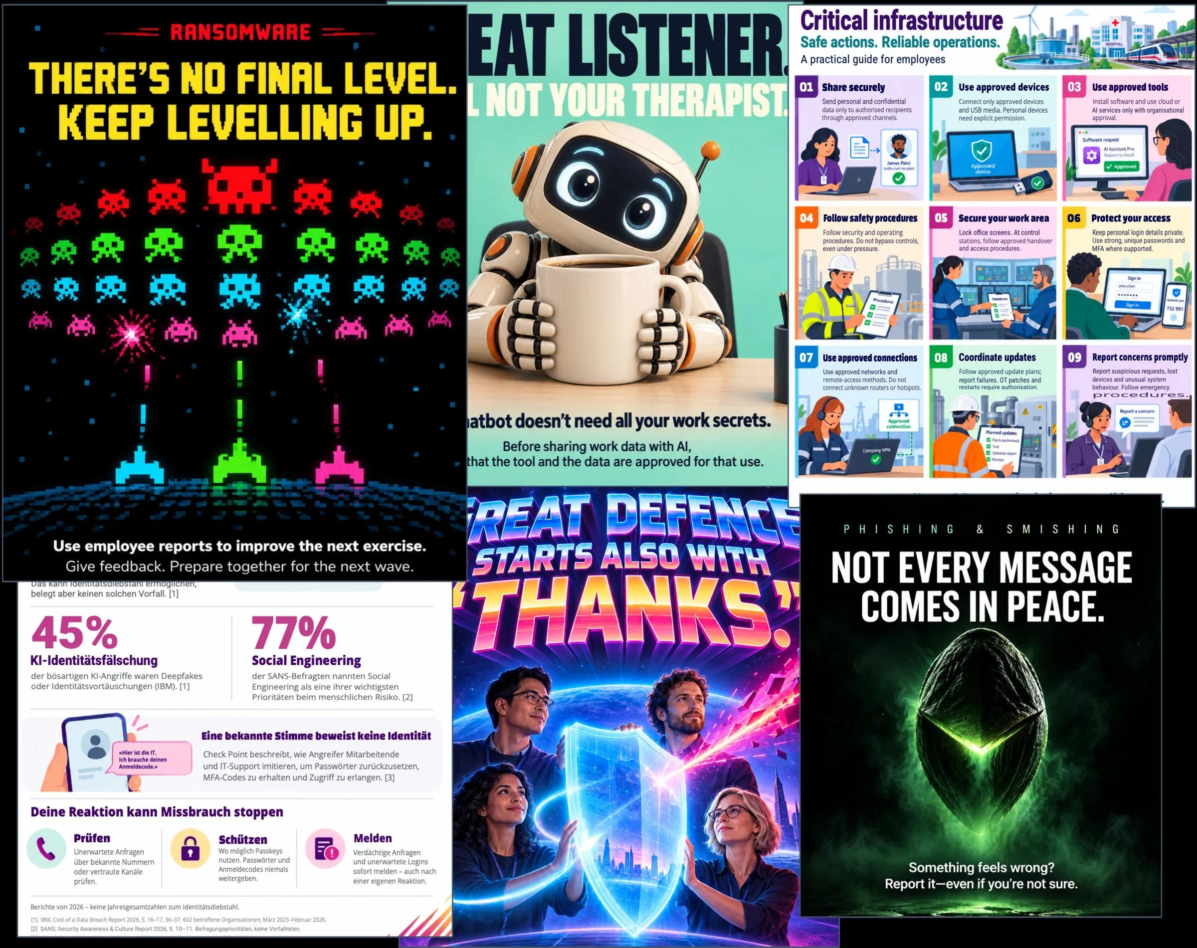 A selection of Human Defense Month posters and infographics, from a ransomware arcade poster and a chatbot "not your therapist" poster to a critical infrastructure guide