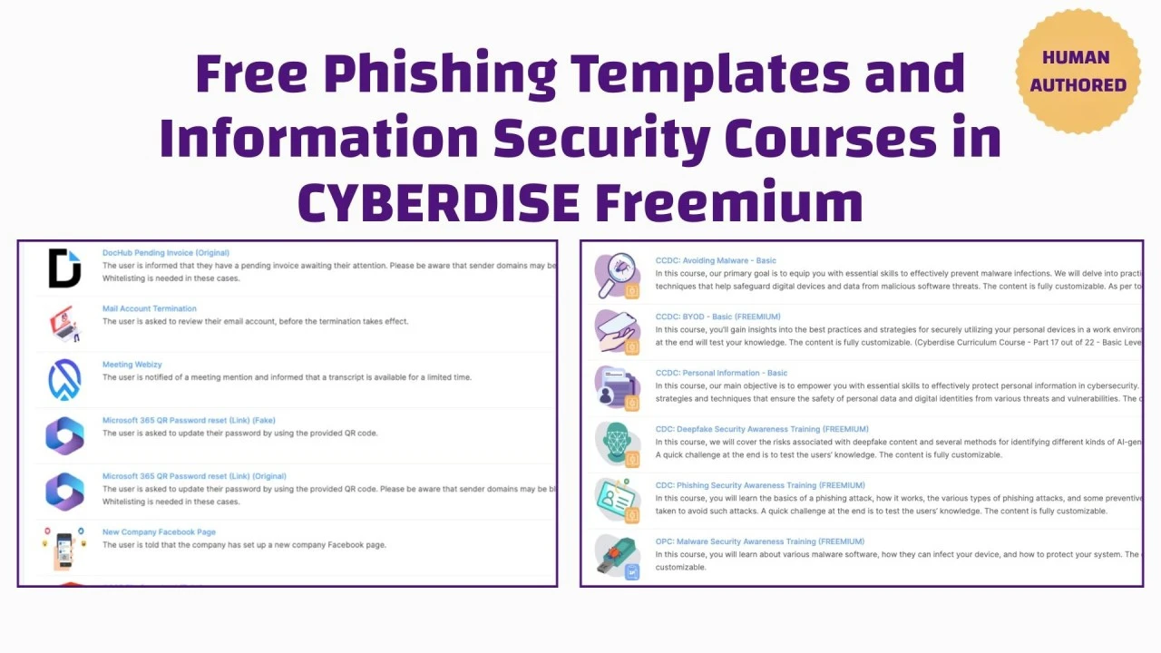 Title card: "Free Phishing Templates and Information Security Courses in CYBERDISE Freemium" over template and course lists.