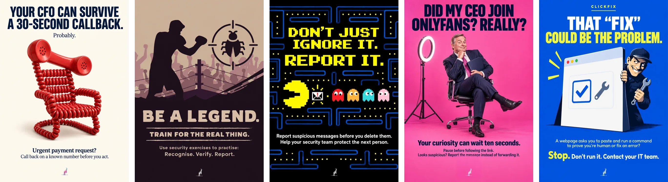 One poster from each of the five sets, left to right, a red phone cord chair, a boxer training in a ring, Pac-Man chasing a phishing email, a CEO filming himself under a ring light, and a fake repair man behind a checkbox