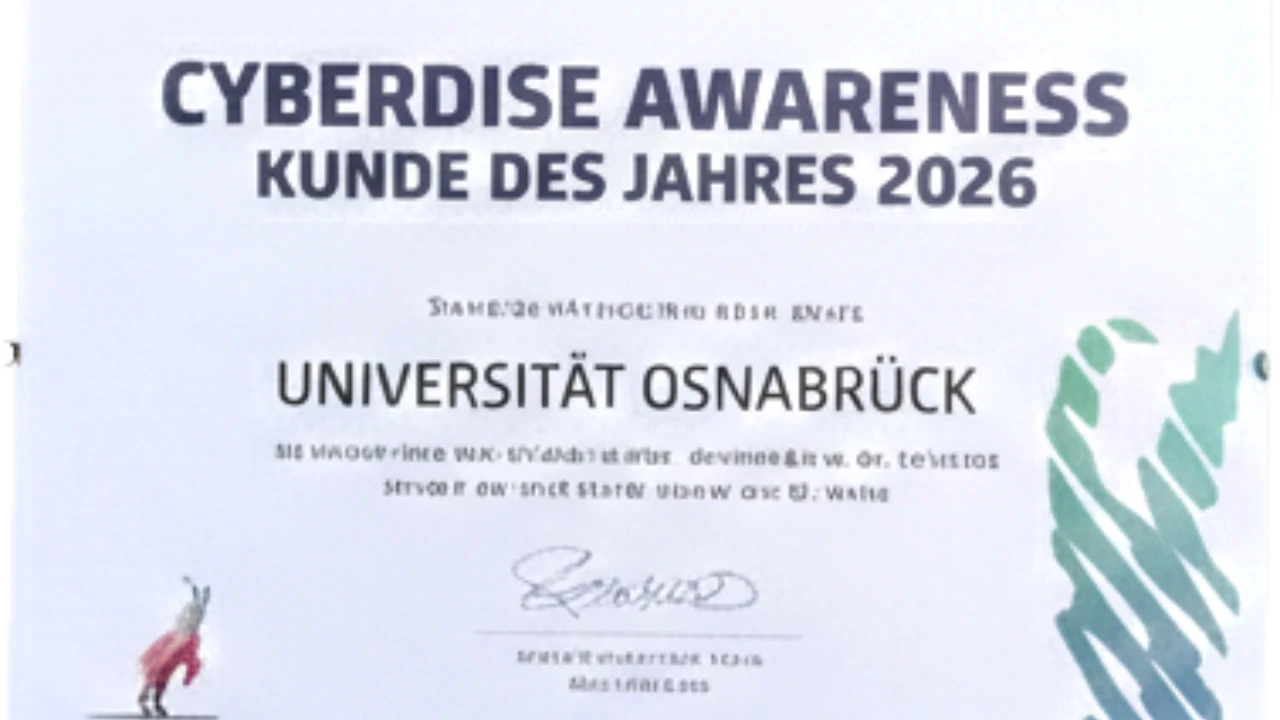 Certificate "Cyberdise Awareness Kunde des Jahres 2026" (Customer of the Year) awarded to Universität Osnabrück.
