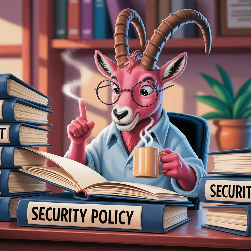 Illustration: a pink ibex with glasses and a coffee mug studies a thick "Security Policy" binder, finger raised.