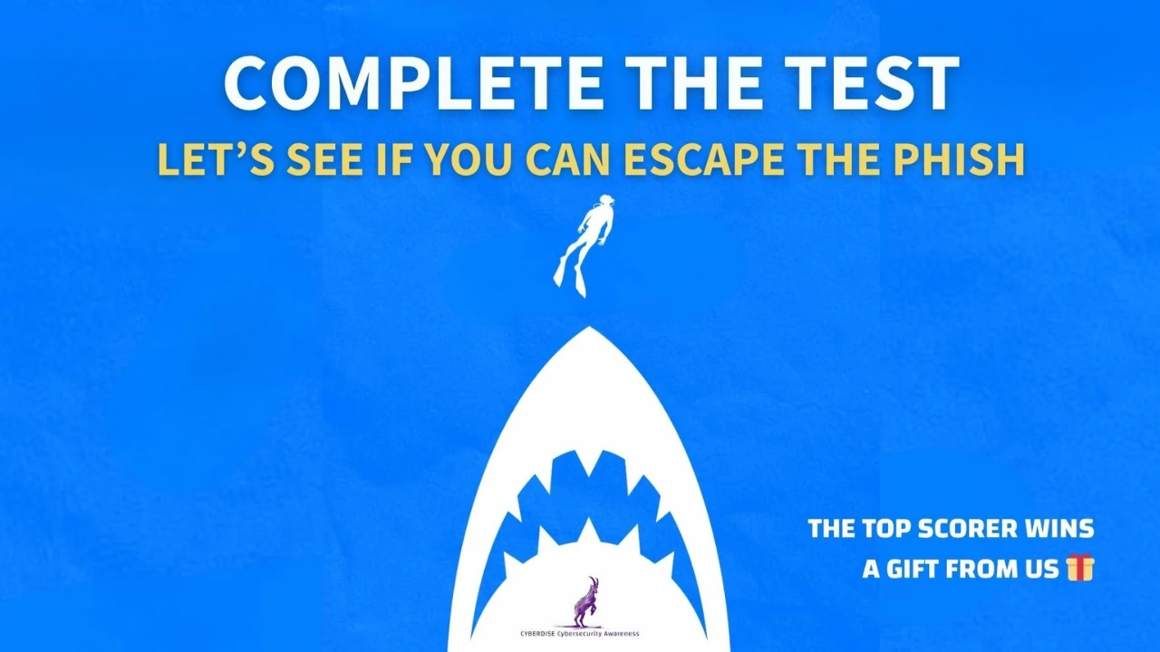 Title card "Complete the test – let's see if you can escape the phish": diver above a shark's jaws; top scorer wins a gift.