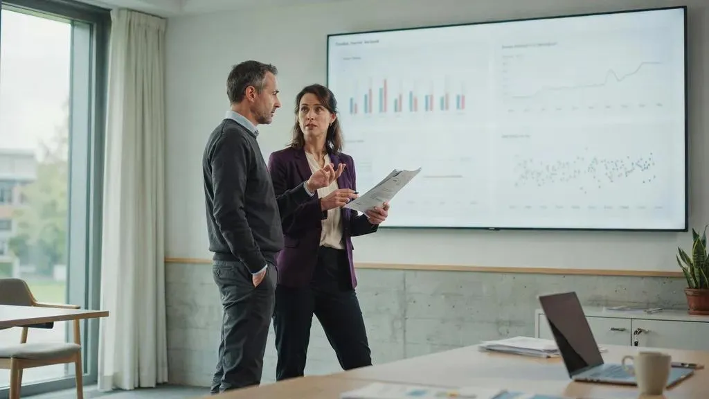 A researcher and a practitioner stand in front of a large wall screen full of charts, one holding a printed report mid-discussion