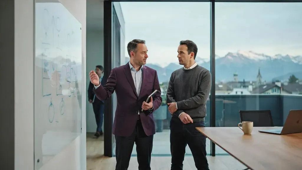 Two security professionals stand at a whiteboard by a floor-to-ceiling window, discussing; snow-covered mountains and rooftops behind them